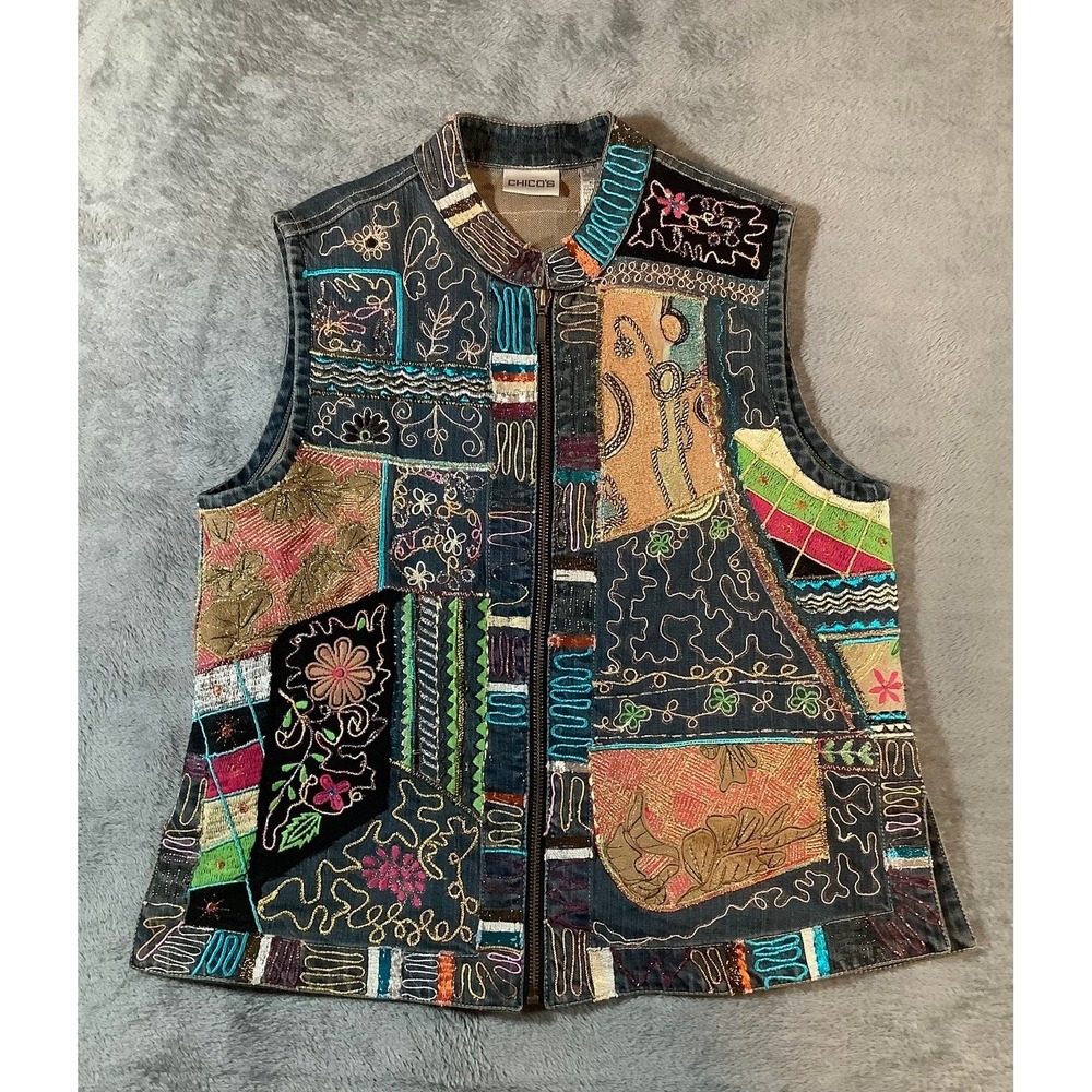 Chico's Art to Wear Denim Vest Size 2 Embroidered Sequin Patchwork Boho Vintage